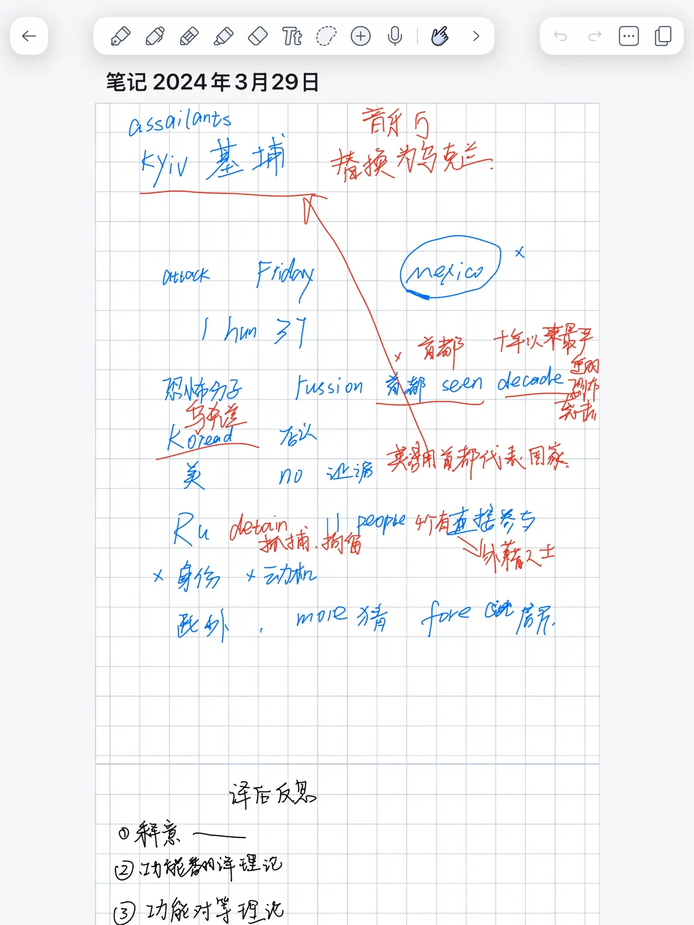 Handwritten interpreting notes